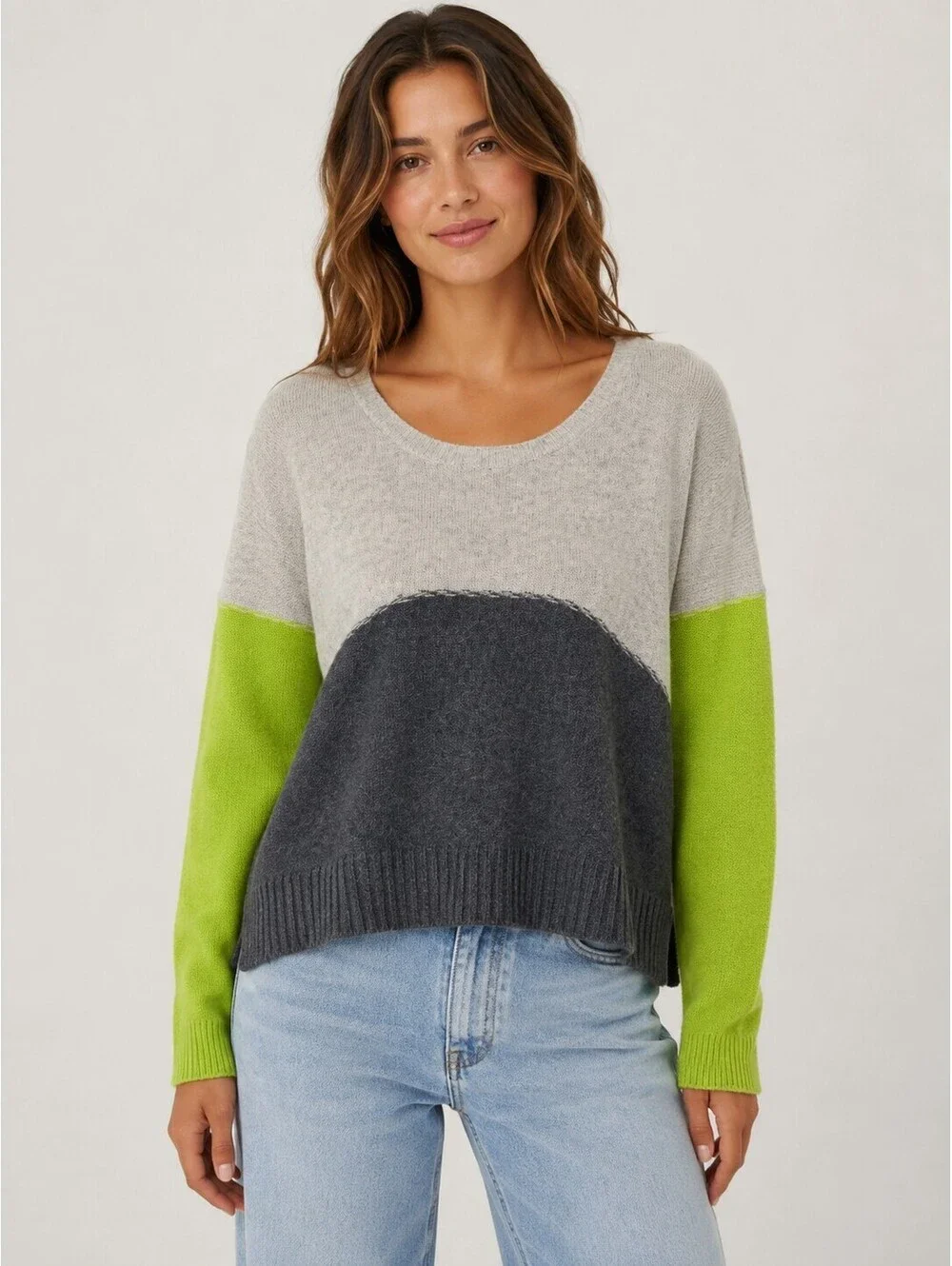 FP Beach Colorblock Merino Wool Cashmere Sweater Green Gray Size S